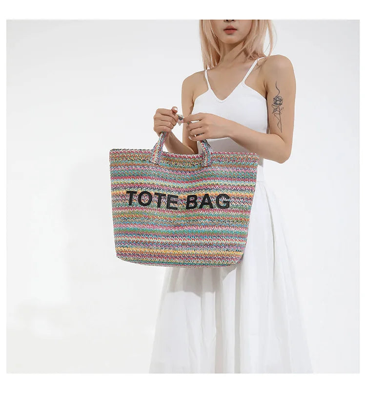 Large capacity beach woven bag, colorful striped tote bag, letter contrasting handbag for women