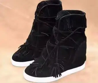 Girls Beige Black Gray Pink Suede Genuine Leather Round Toe Tassel Fringed 8 CM Height Increasing Wedges Sneakers Ankle Boots