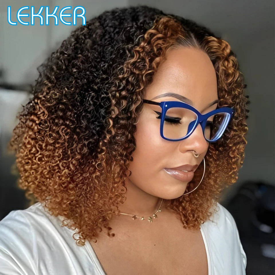Ombre Brown Kinky Curly Glueless Bob Lace Wig for Women