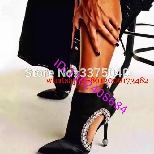 New Black Pointed Toe Women Ankle Boots Hollow Out Rhinestone Summer Boots High Heels Crystal Pointed Toe Black Women Boots
