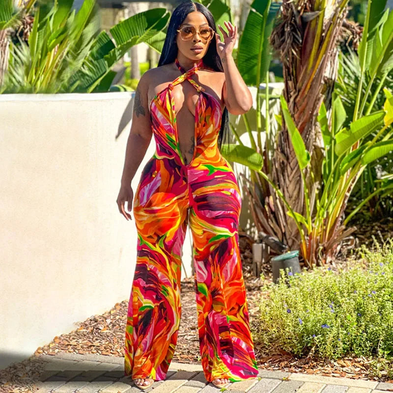 Bohemian Print Halter Neck Backless Wide Leg Jumpsuit for Women