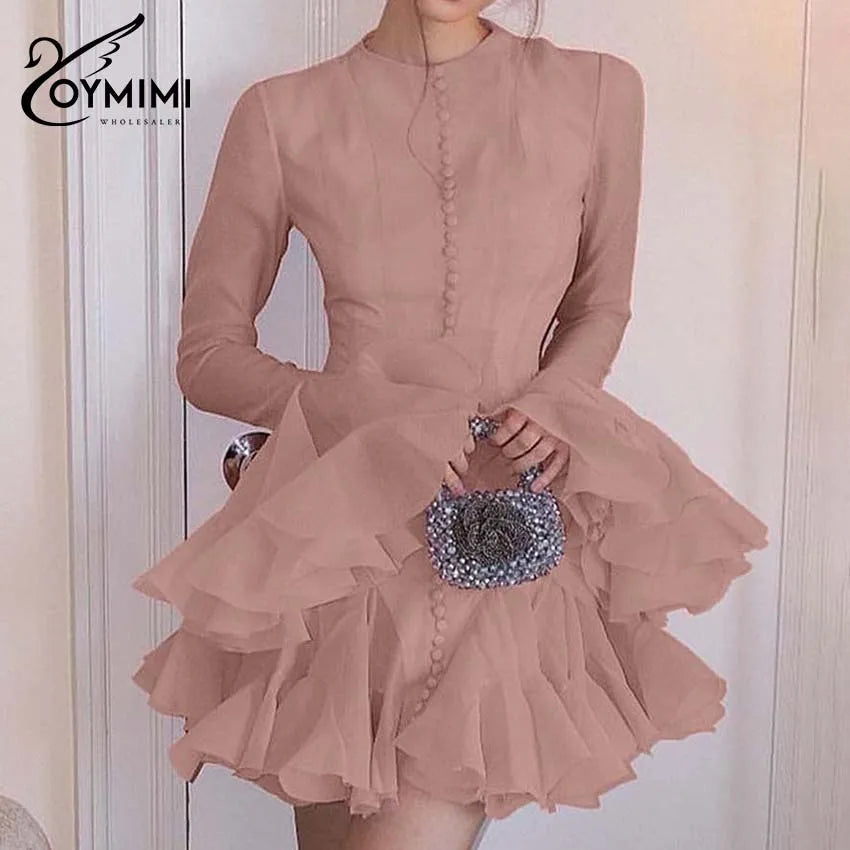 Oymimi Casual Pink O-Neck Women's Dress Fashion Petal Sleeve Single Breasted Solid Dresses Elegant High Waist Pleated Mini Dress