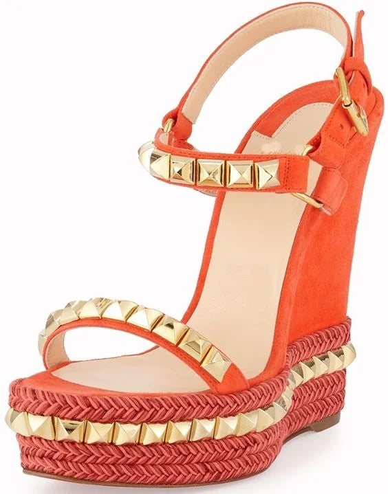 Metallic Trim Suede Wedge Sandals With Buckle Straps For Women