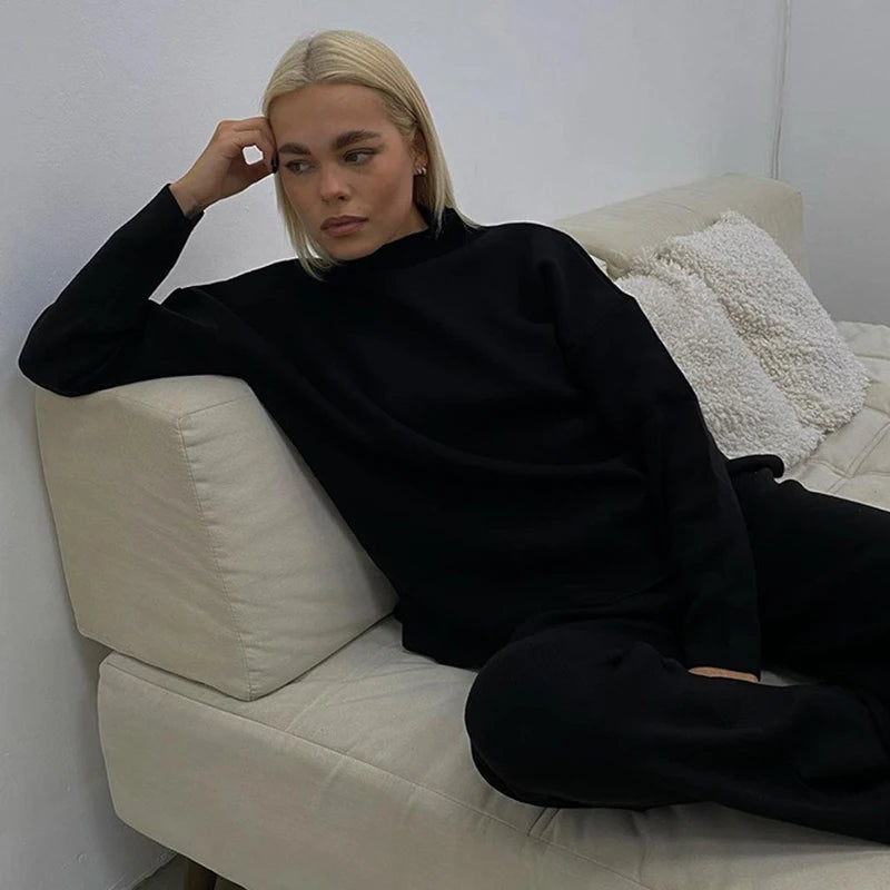 Solid Turtleneck Sweatshirt Set With Wide Leg Pants for Women