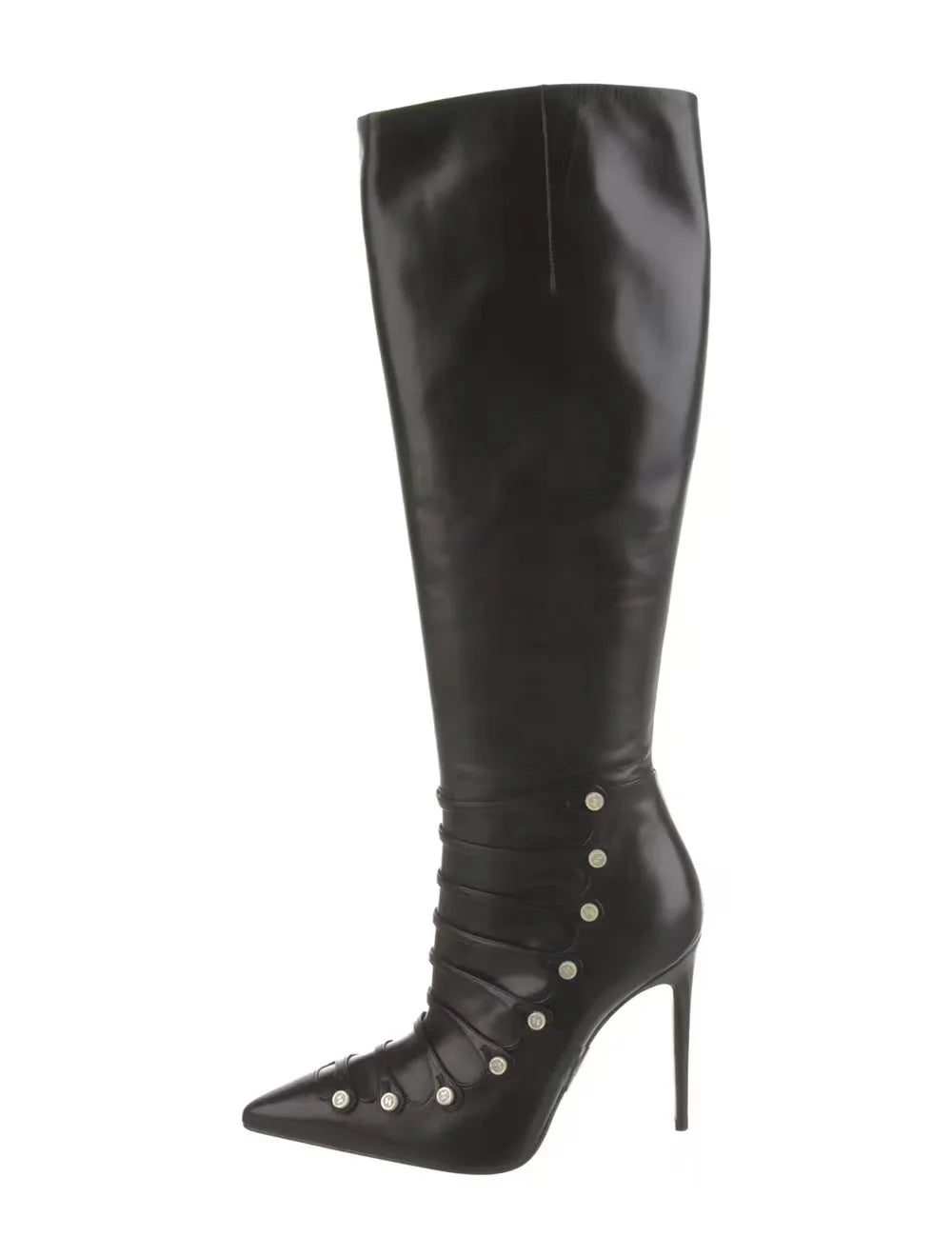 Black Leather Studded Pointed Toe Knee High Boots For Women