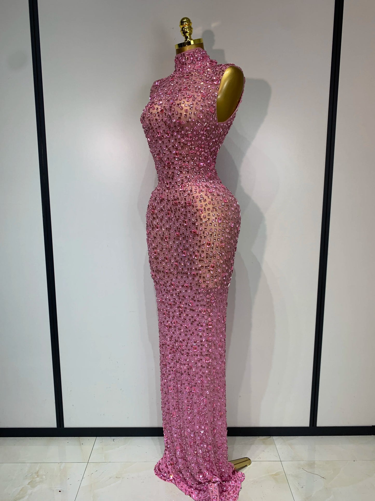 Sparkly Gold Rhinestone Sleeveless Stretch Long Dress Women Sexy Mesh Celebrate Evening Prom Birthday Dress Photo Shoot Wear
