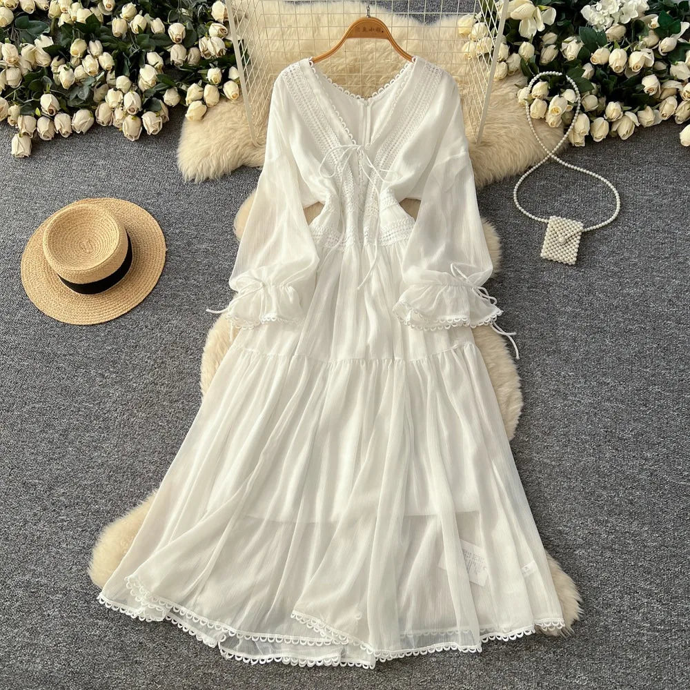Elegant French V-Neck Waist-Cinching Maxi Dress for Women