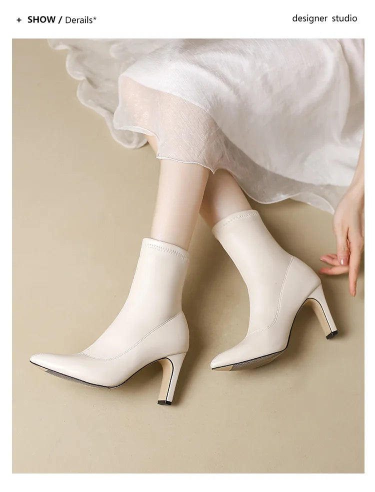 Pointed Leather High Heel Ankle Boots