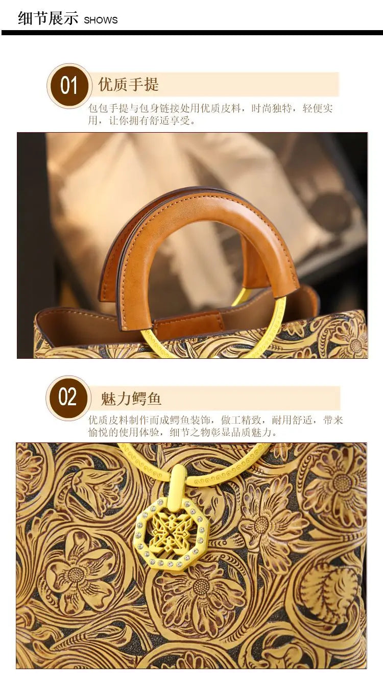 Retro Cowhine Carved Women Bag Handhold Bucket Leather Commuting Shoulder Underarm Crossbody Bags for Women