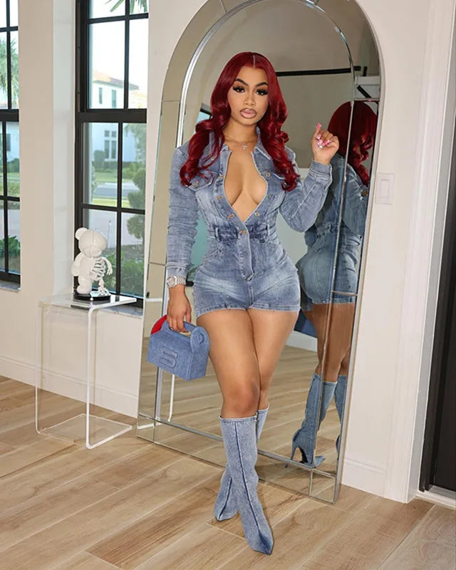 Trending Denim Skinny Fit Bodycon Romper for Women