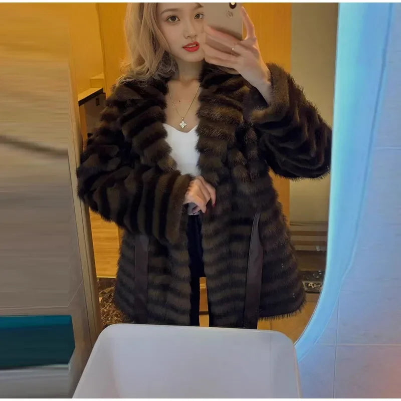 Faux Fur Belted Lapel Coat With Lace Up Front for Women