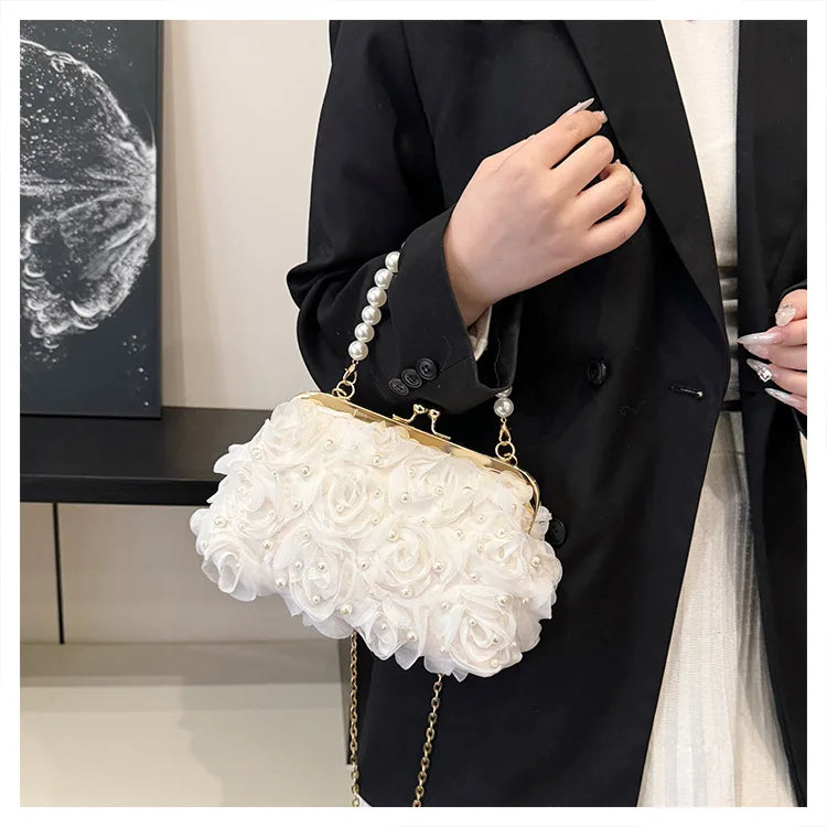 Pearl Floral Chain Evening Crossbody Bag