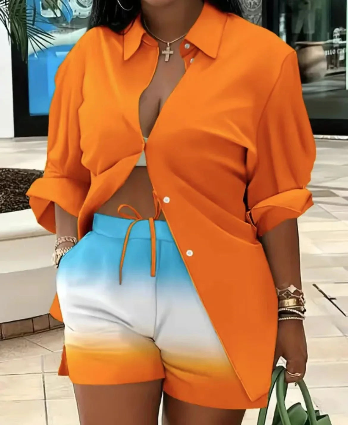 Casual Geometric Print Shirt Shorts Two Piece Set for Women