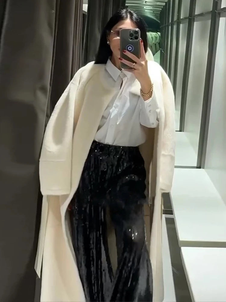 Lace Up Elegant White Faux Fur Long Coat for Women