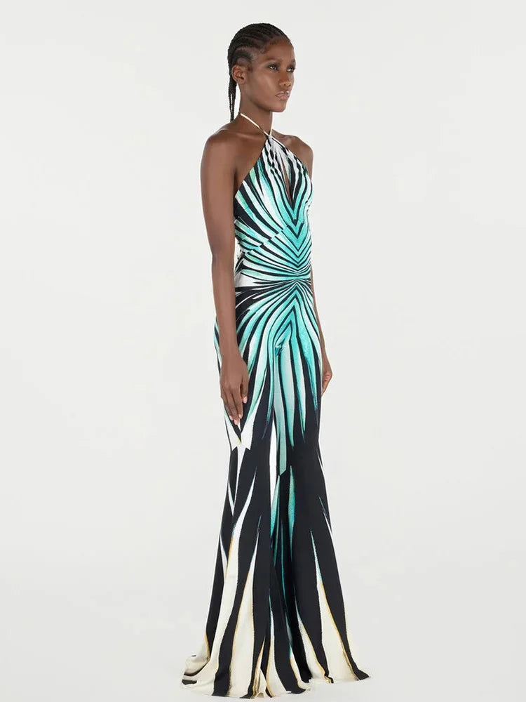 Striped Halter Neck Slim Fit Flare Leg Jumpsuit for Women