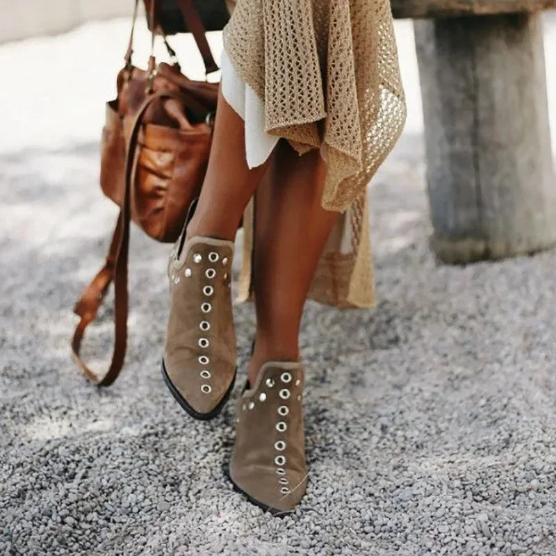 Slip On Pointed Toe Rivets Ankle Boots