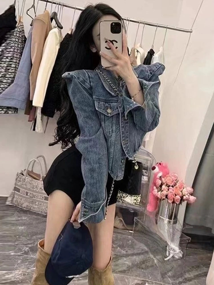 Front Zipper Vintage Denim Cropped Jacket For Women
