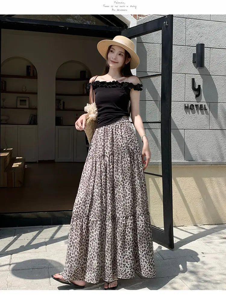 Vintage Leopard Print Tiered Maxi Skirt For Women