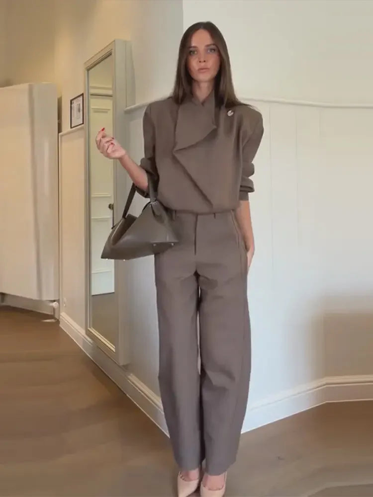Solid Draped Funnel Neck Long Sleeve Wide Leg Two Piece Set For Women