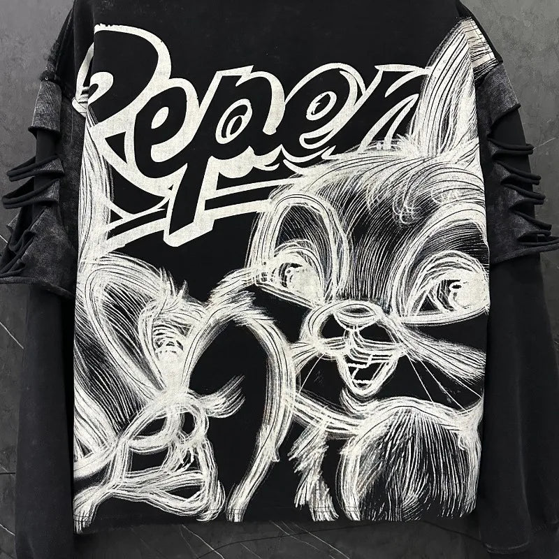 Heavy Industry New Cartoon Distressed Fake Two-Piece Crew Neck Sweatshirt Loose Casual Versatile Top Autumn Long Sleeves Hoodies