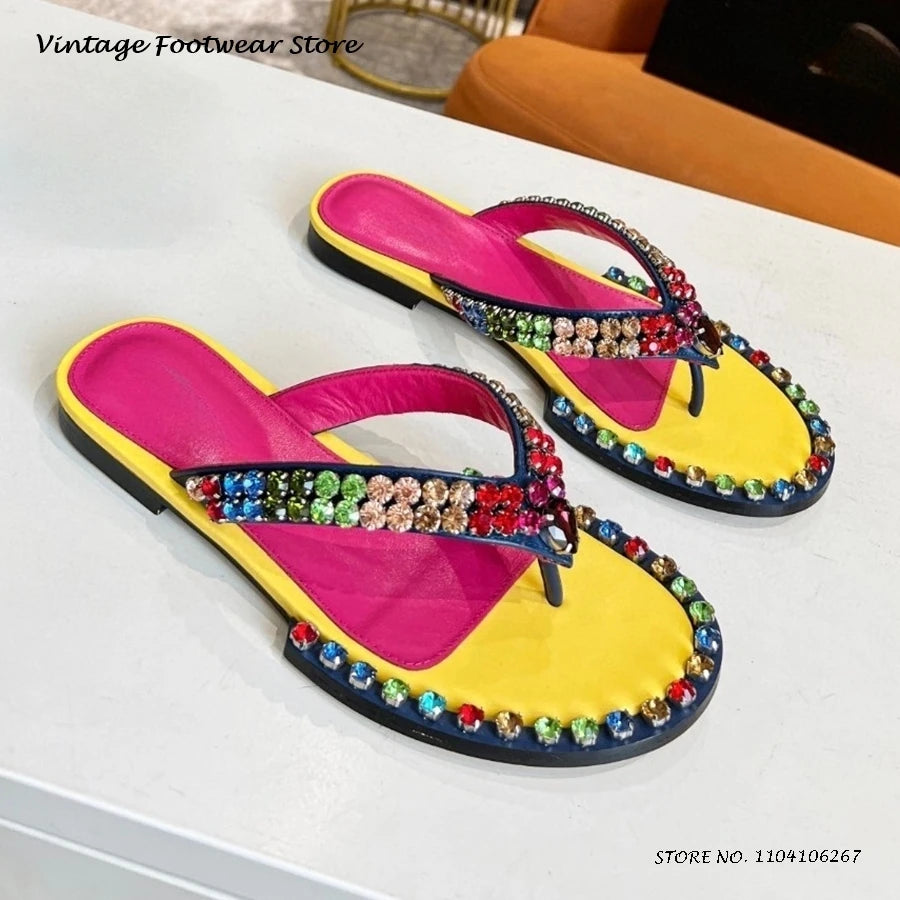 Colorful Crystal Embellished Flat Flip Flops for Women
