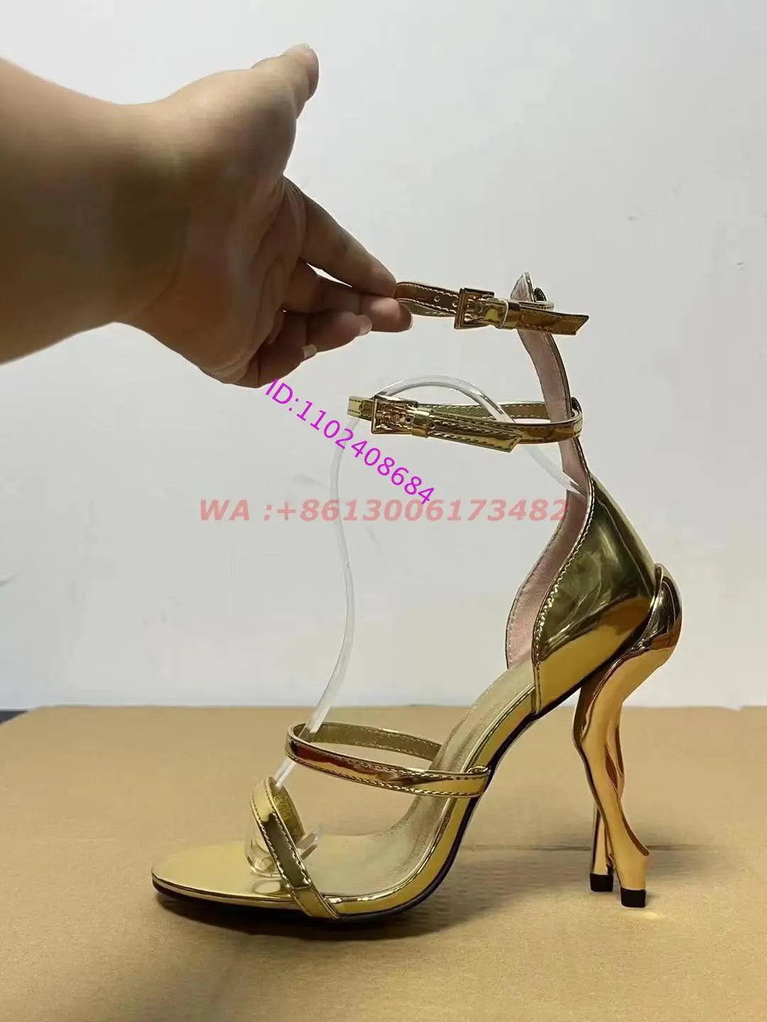 New Fashion Design Women Gold Cabaret Sculptural-Heel Strappy Sandals Ankle Strap Heel Cabaret Dancers Sandals Plus Size