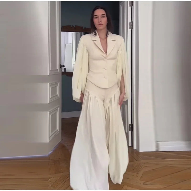 Tailored Lapel Jacket and Pleated Trousers Set for Women