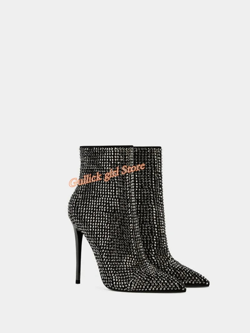 Rhinestone Pointed Toe Stiletto Ankle Boots for Women