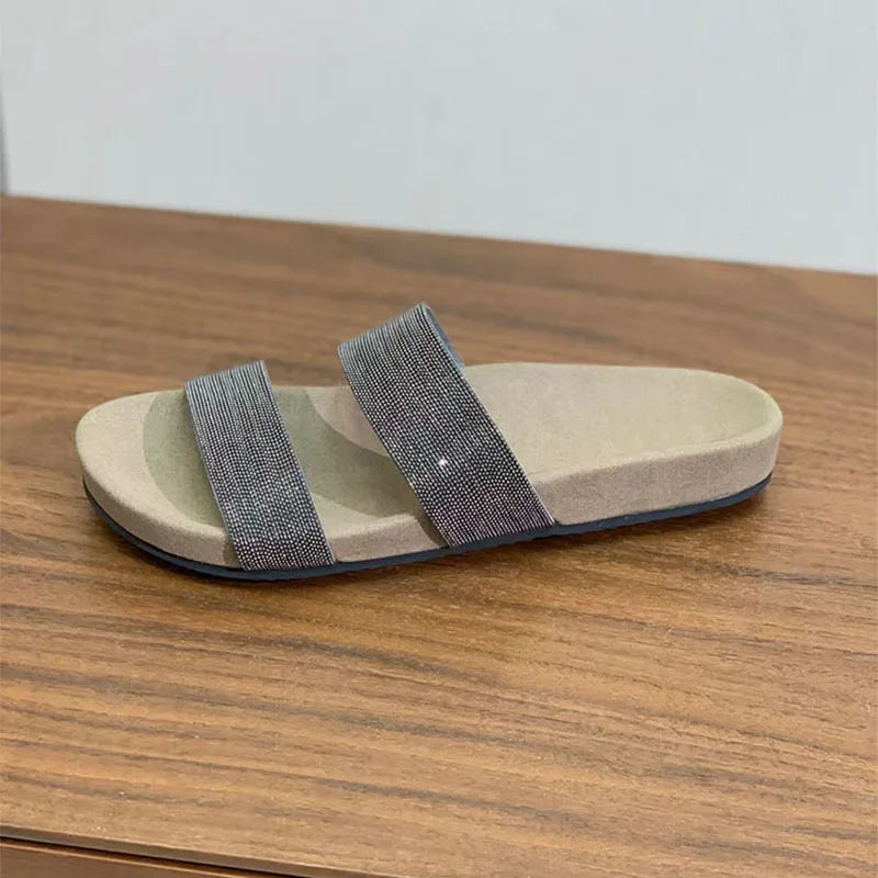 Cow Suede Bead Chain Narrow Strap Slippers for Women