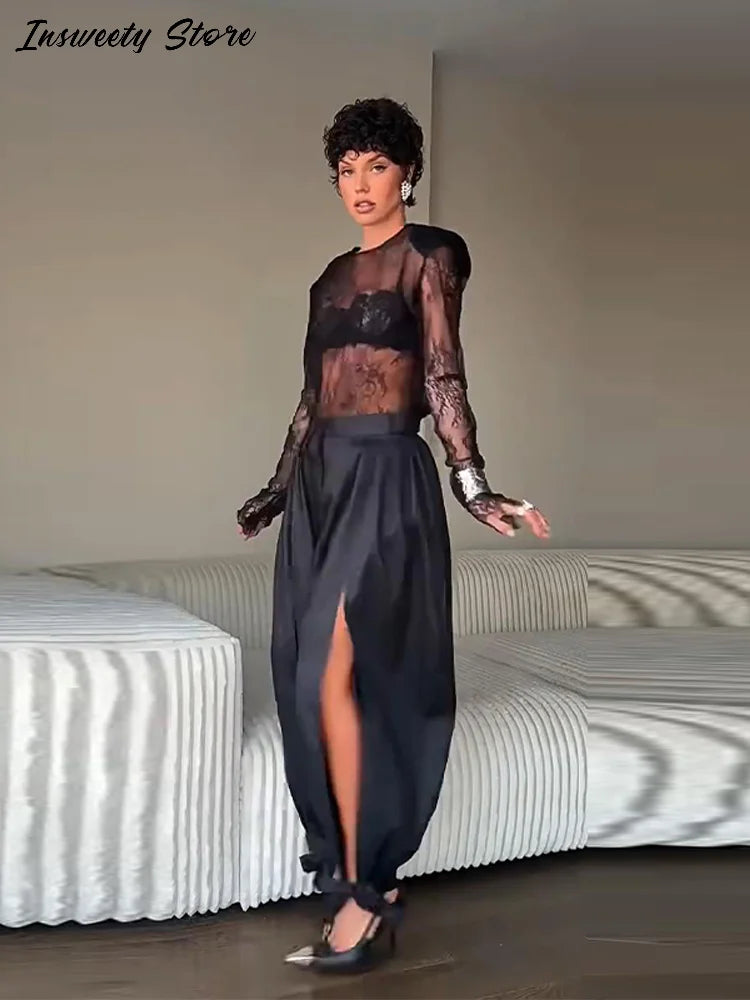 Sheer Lace Long Sleeve Blouse With Shoulder Pads for Women