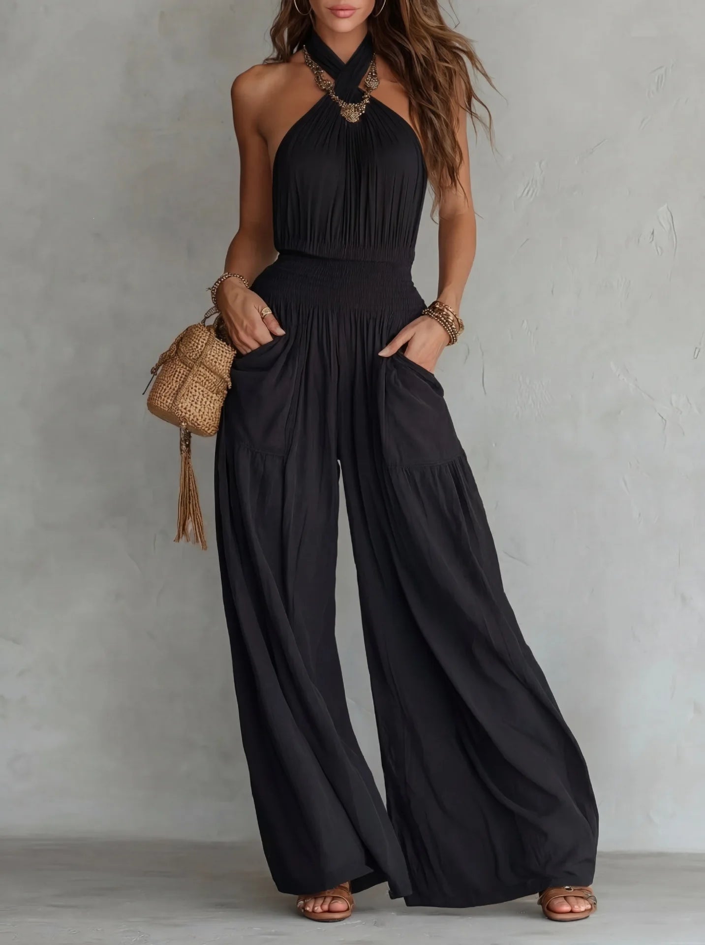 Halter Neck Solid Color Smocked High Waist Wide Leg Pockets Jumpsuit for Women