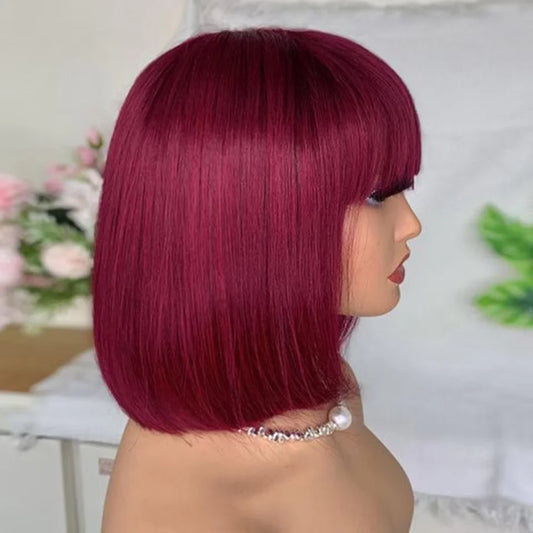 Red Straight Brazilian Human Hair Bob Wig with Bangs for Women