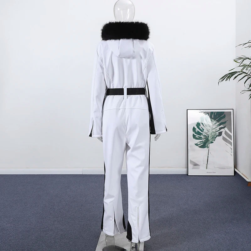 High Waist Full Zip Hooded Windproof Ski Jumpsuit For Women