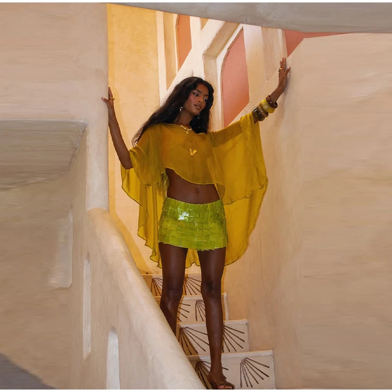 Sheer Chiffon Cape Top and Sequin Mini Skirt Set for Women
