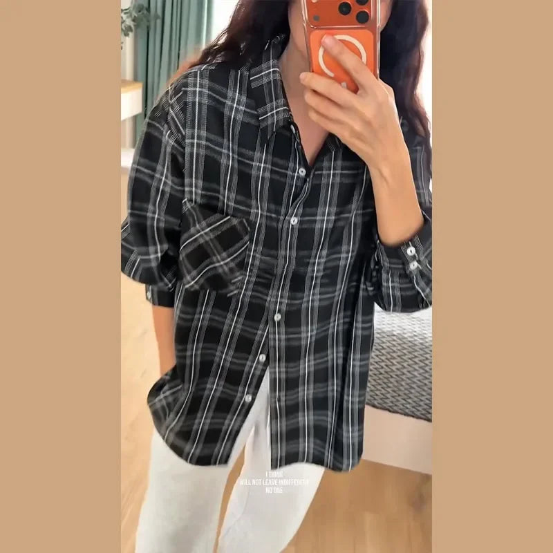 Plaid Loose Long Sleeve Button-Front Shirt for Women