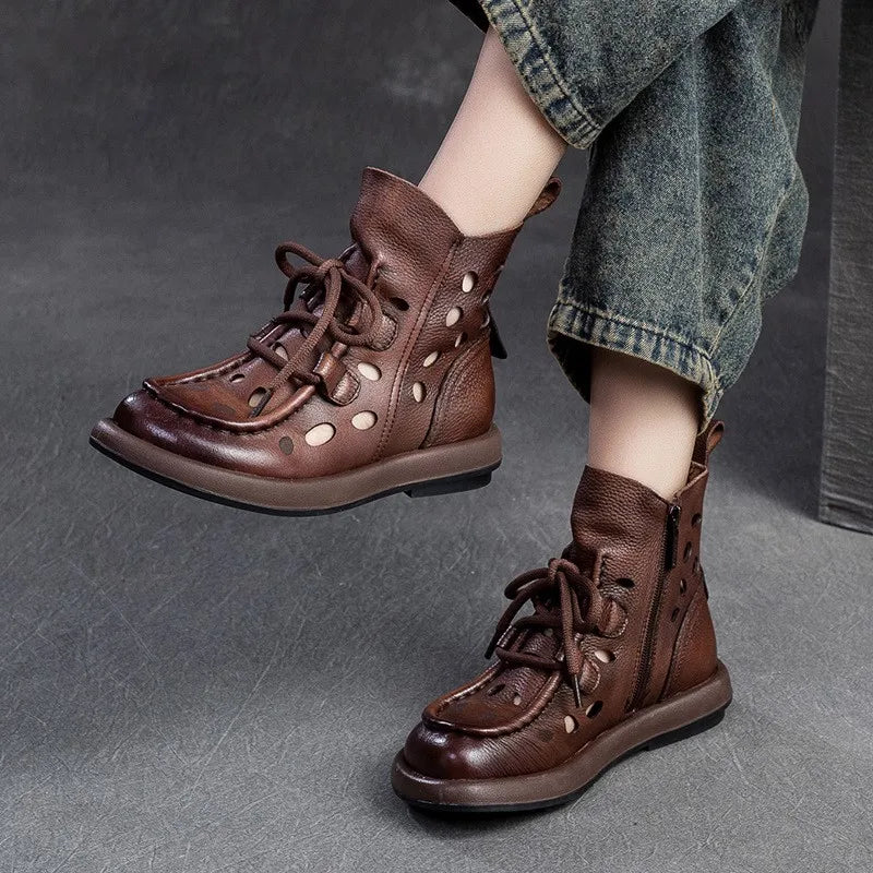 Breathable Hollow-Out Genuine Leather Ankle Boots for Women
