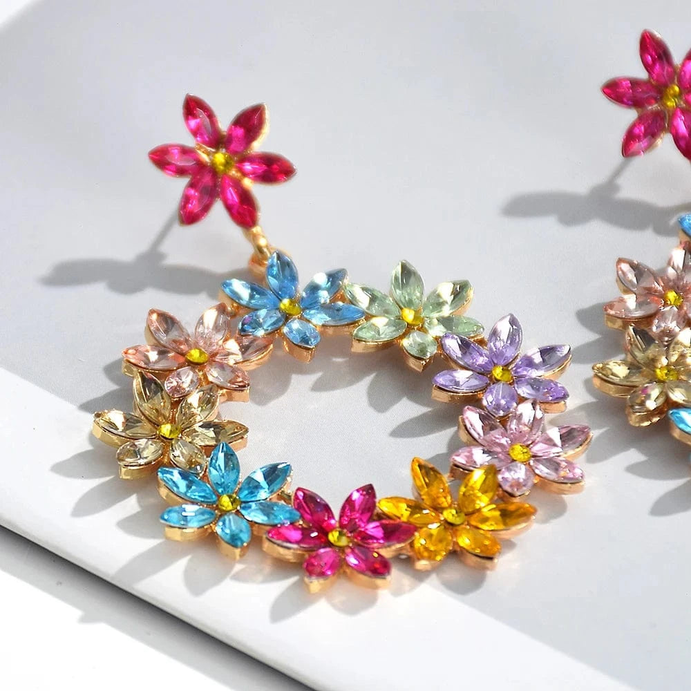 New Arrival Flower Colored Glass Stone Drop Earrings For Women Girls Crystal Accessories Statement Jewelry Wholesale