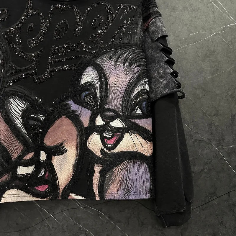 Heavy Industry New Cartoon Distressed Fake Two-Piece Crew Neck Sweatshirt Loose Casual Versatile Top Autumn Long Sleeves Hoodies