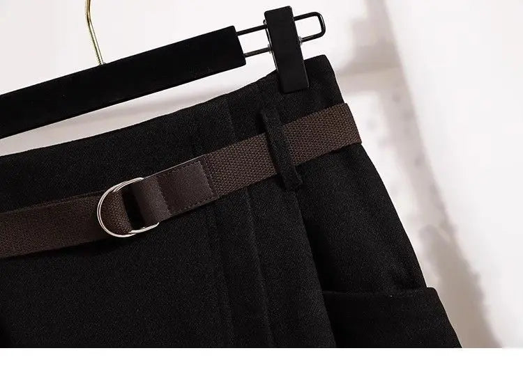 High Waisted Black Wool Midi Skirt With Pockets for Women
