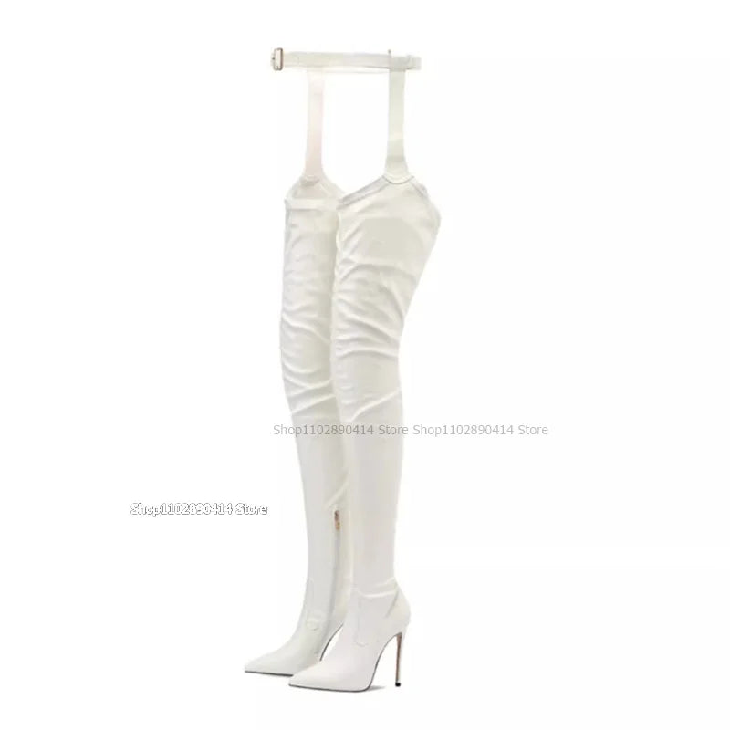 Red Pointed Toe Stiletto Thigh High Boots With Matching Belt for Women