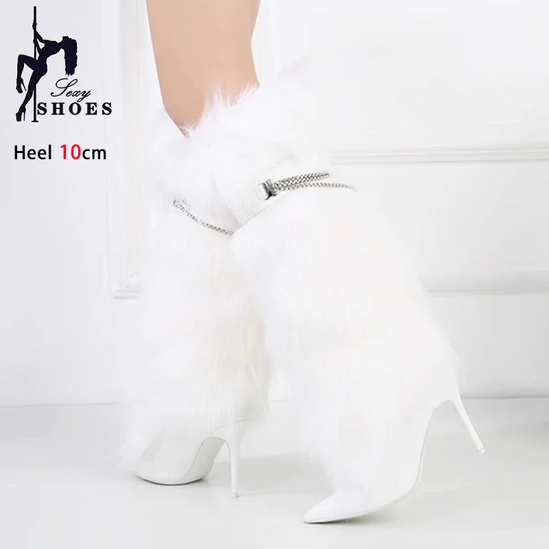 Elegant Faux Fur Knee High Stiletto Boots for Women