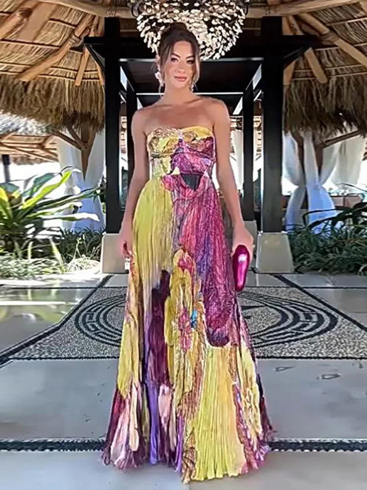Elegant Floral Print Pleated Floor Length Dress For Women