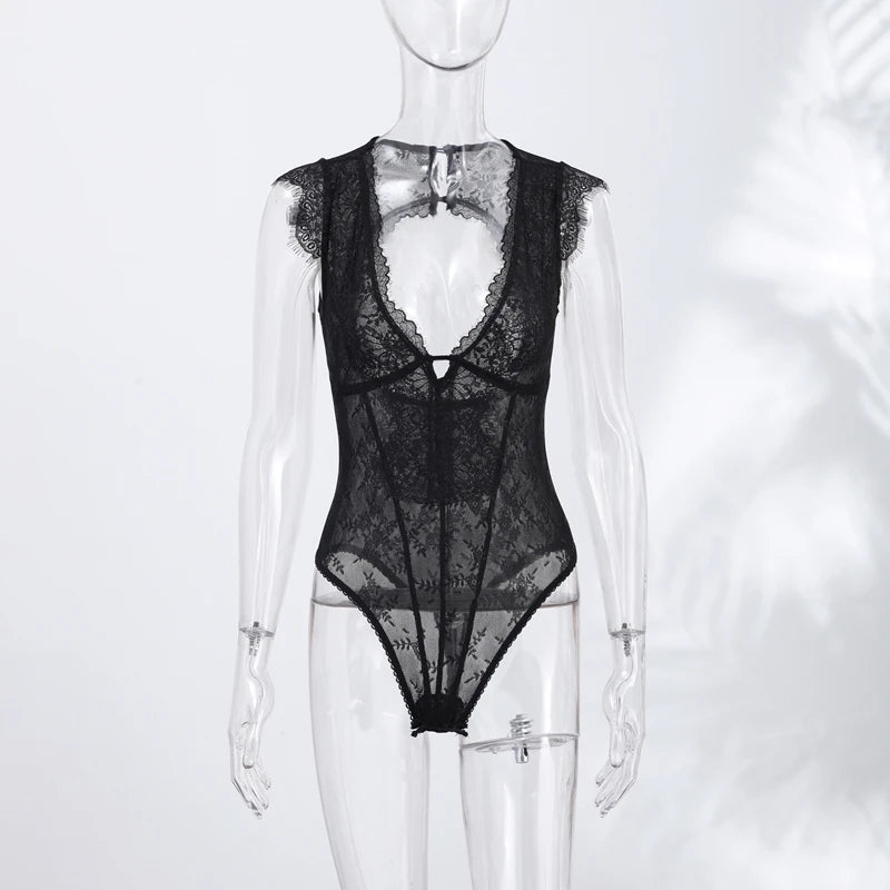 Black Backless Lace V Neck Sleeveless Bodysuit for Women