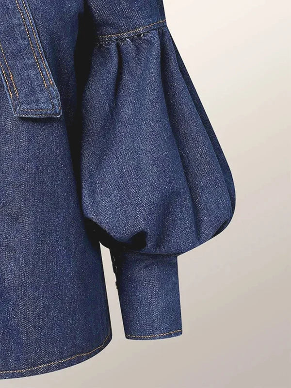 Gymystars Urban Imitation Denim Blouse Tops Women's Blouses&Shirts 2025 New Spring Long Sleeves Puff Sleeves Tied High Neck Clot