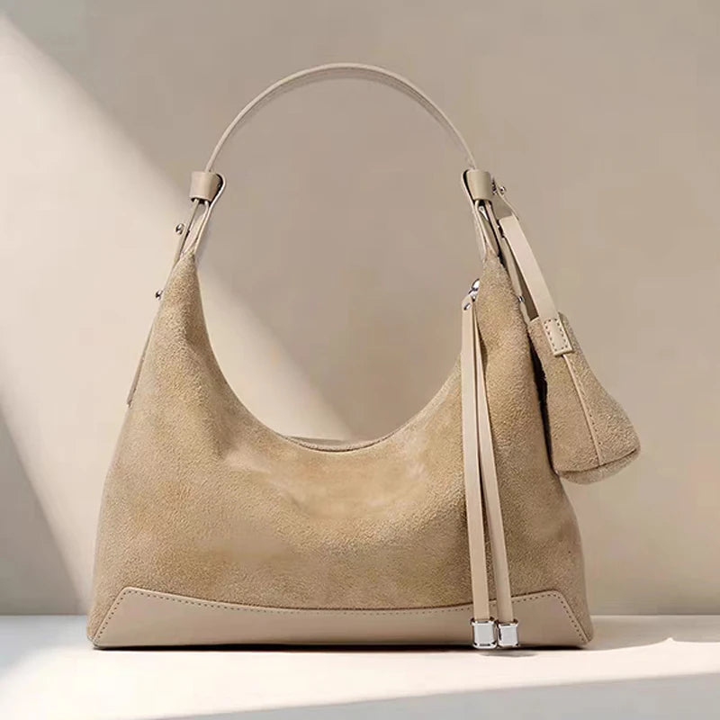 Classic Suede Women's Handbag New Simple Versatile Work Commuting Underarm Bag Genuine Leather Texture Fashion Shoulder Lady Bag