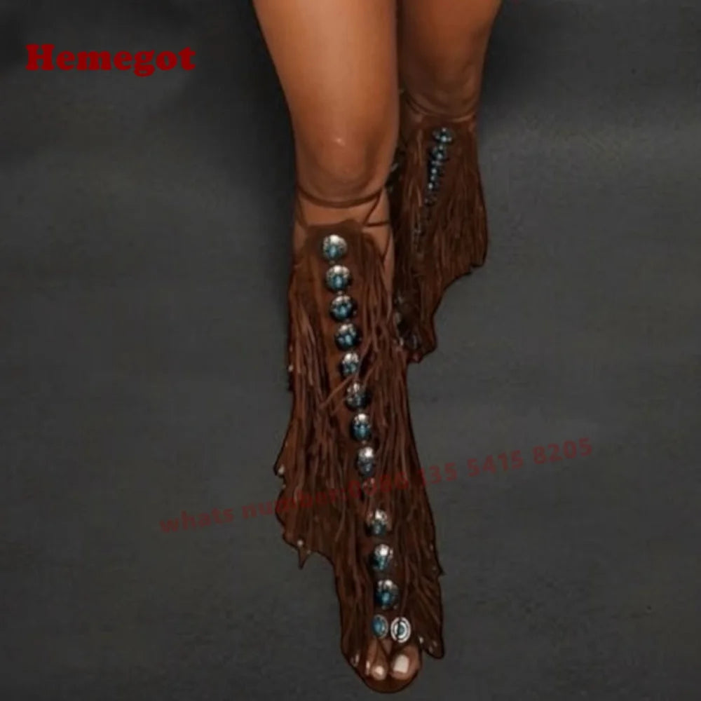 Gemstone Tassel Lace Up Open Toe Sandals for Women