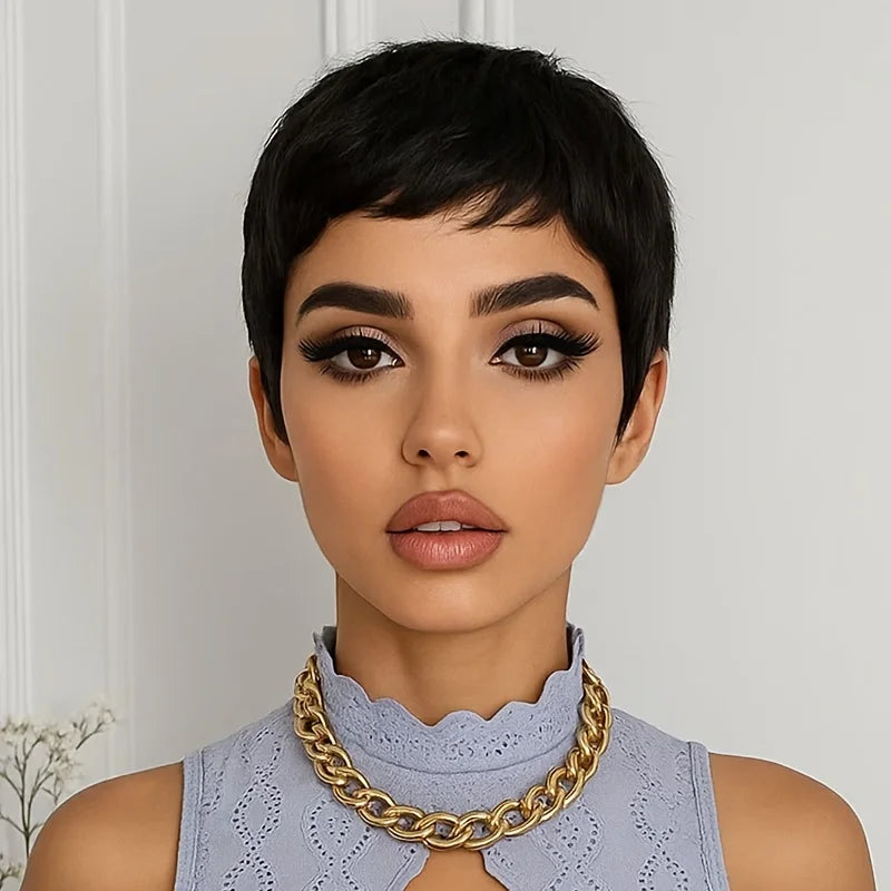 Short Black Pixie Cut Human Hair Wig With Bangs for Women