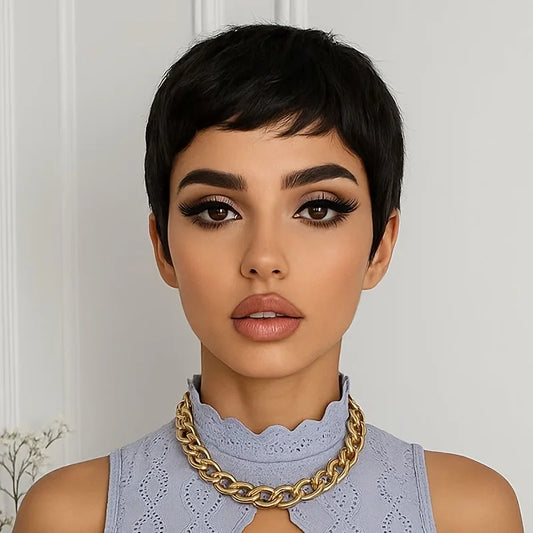 Short Black Pixie Cut Human Hair Wig With Bangs for Women