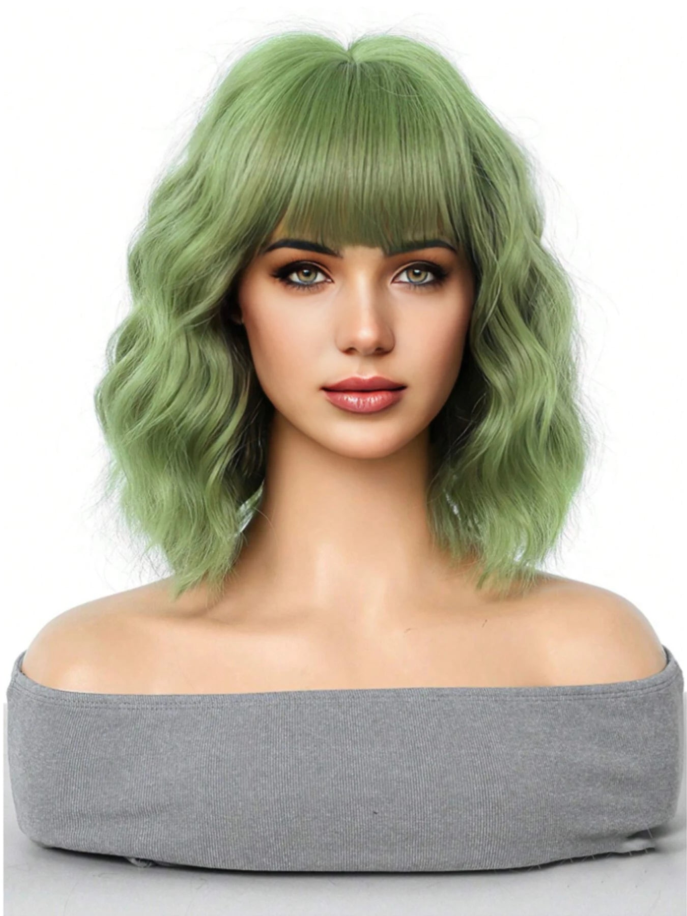 Natural Brown Synthetic Curly Wavy Bob Wig With Bangs For Women