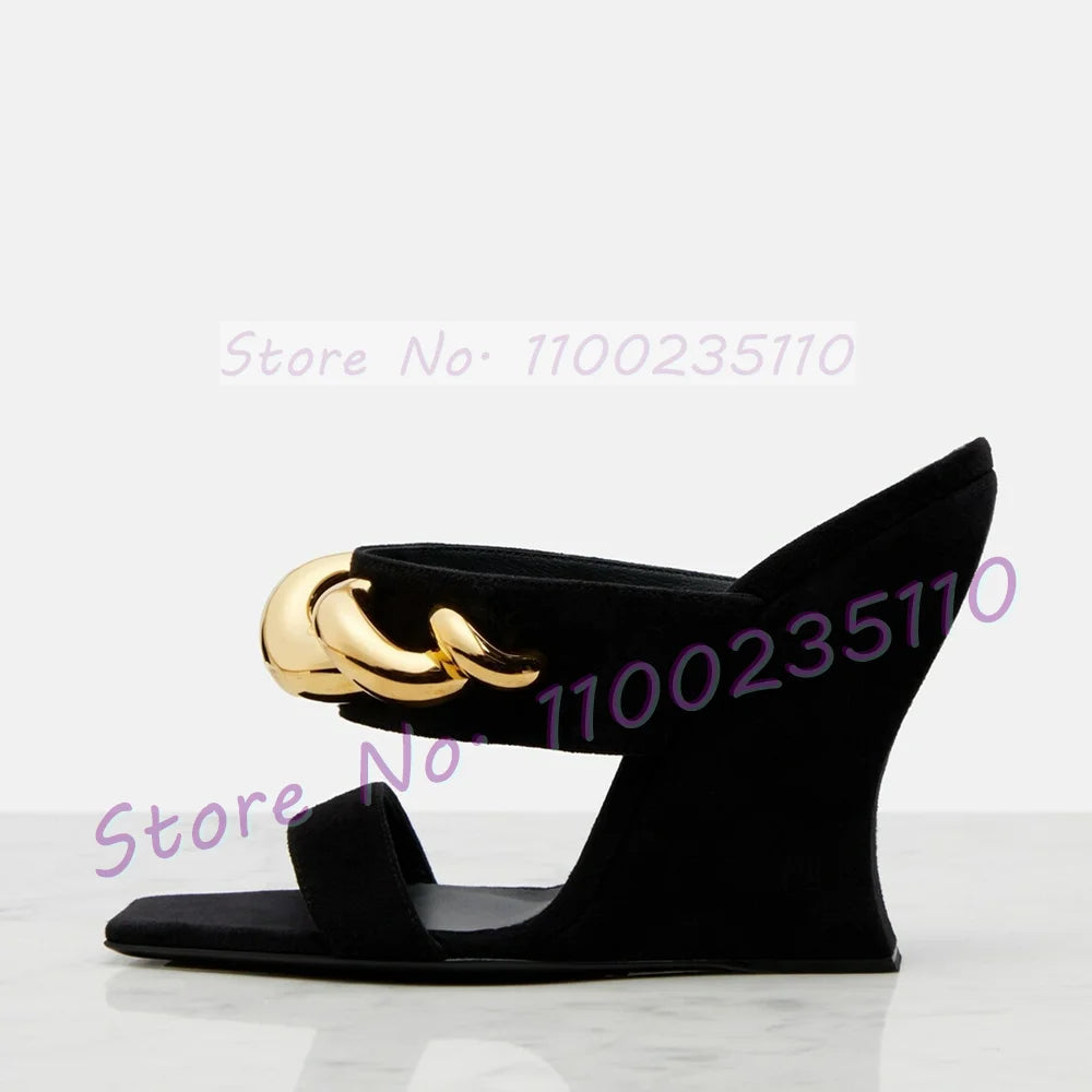 Gold Wave Metal Kid Suede Wedge Mules Women Luxury Square Open Toe Mules Front Strap Party Shallow Real Leather Beige Shoes